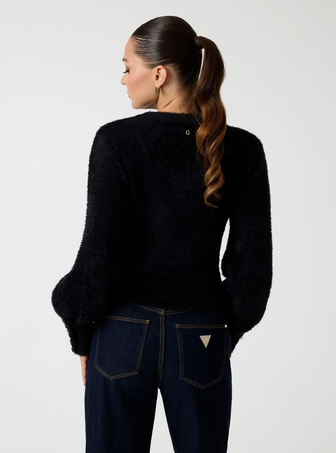 GUESS Womens Black Yuki Fuzzy Cut-Out Sweater W5BR92Z3BJ0 Back View