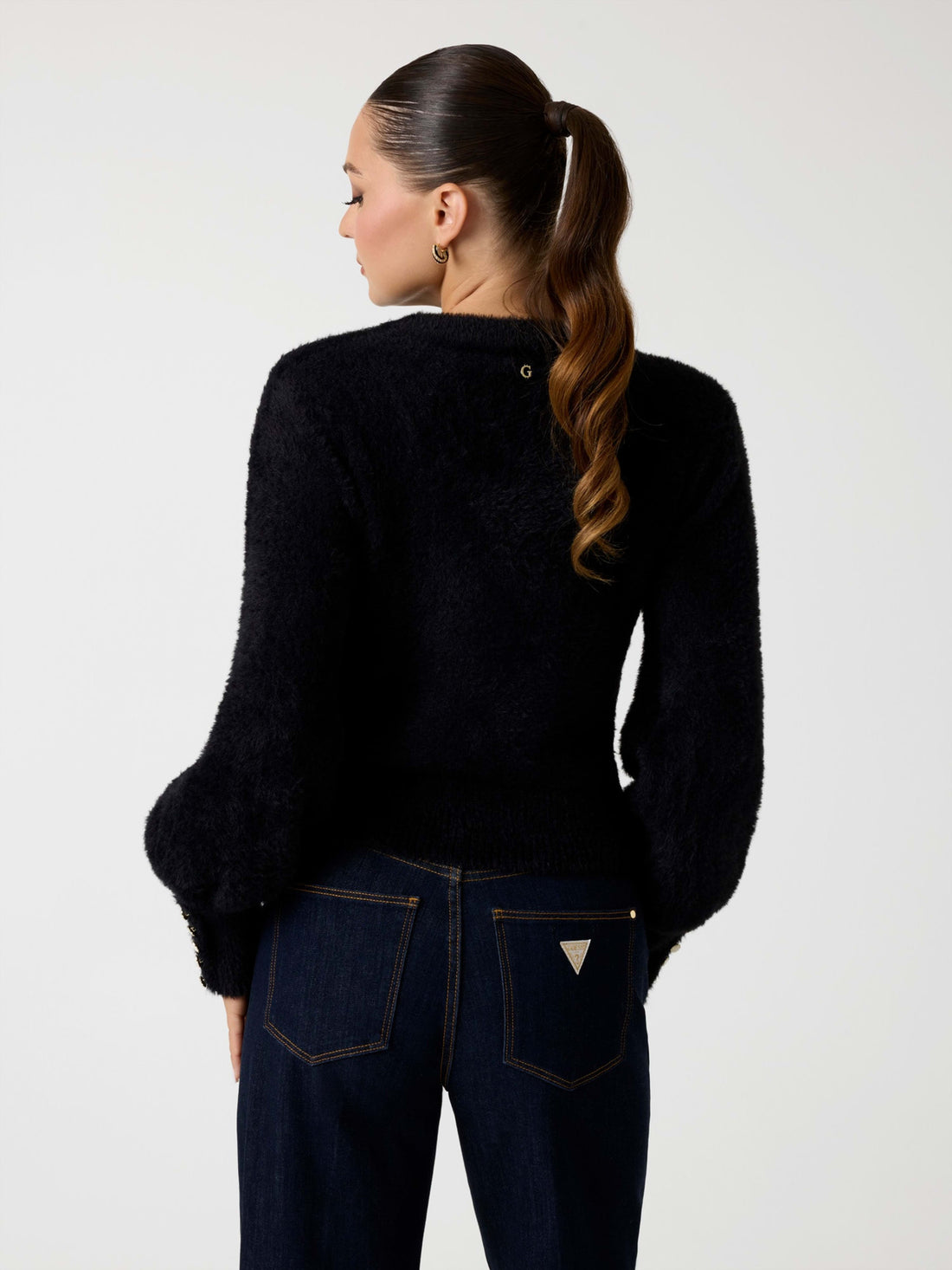 GUESS Womens Black Yuki Fuzzy Cut-Out Sweater W5BR92Z3BJ0 Back View