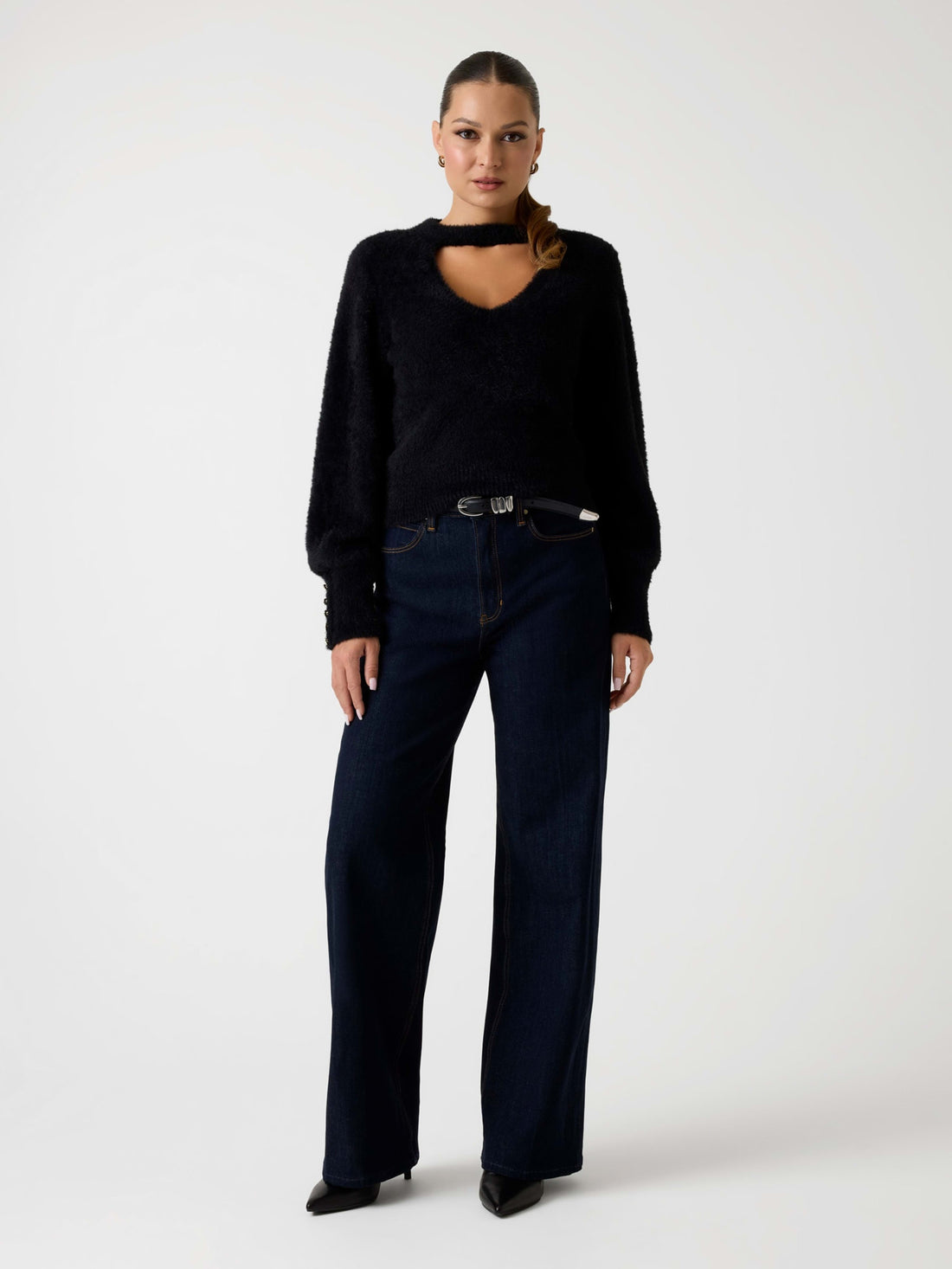 GUESS Womens Black Yuki Fuzzy Cut-Out Sweater W5BR92Z3BJ0 Full View