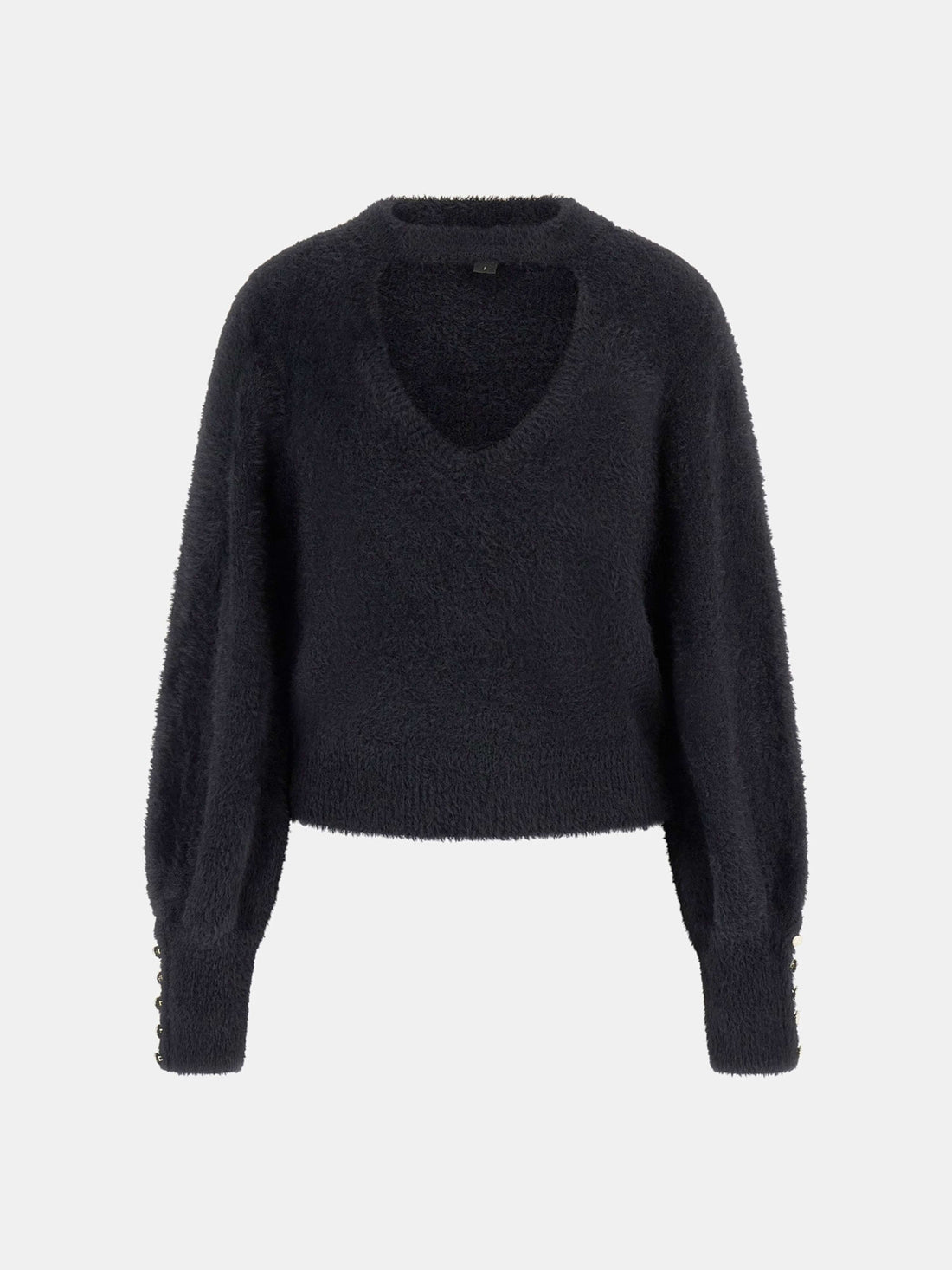GUESS Womens Black Yuki Fuzzy Cut-Out Sweater W5BR92Z3BJ0 Flatlay
