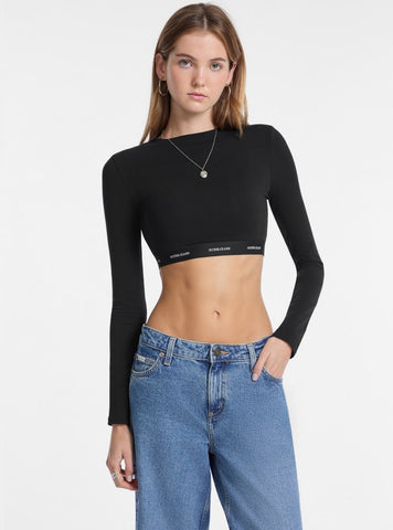 Guess Jeans Black Long Sleeve Cropped Top W5BZ09KBBU1 Front View