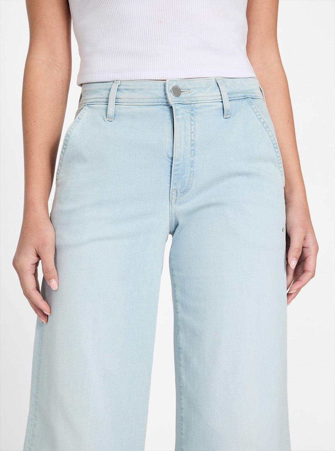 GUESS Womens Zoya Wide Leg Crop Jeans in Nuage Light Wash Detail Front View