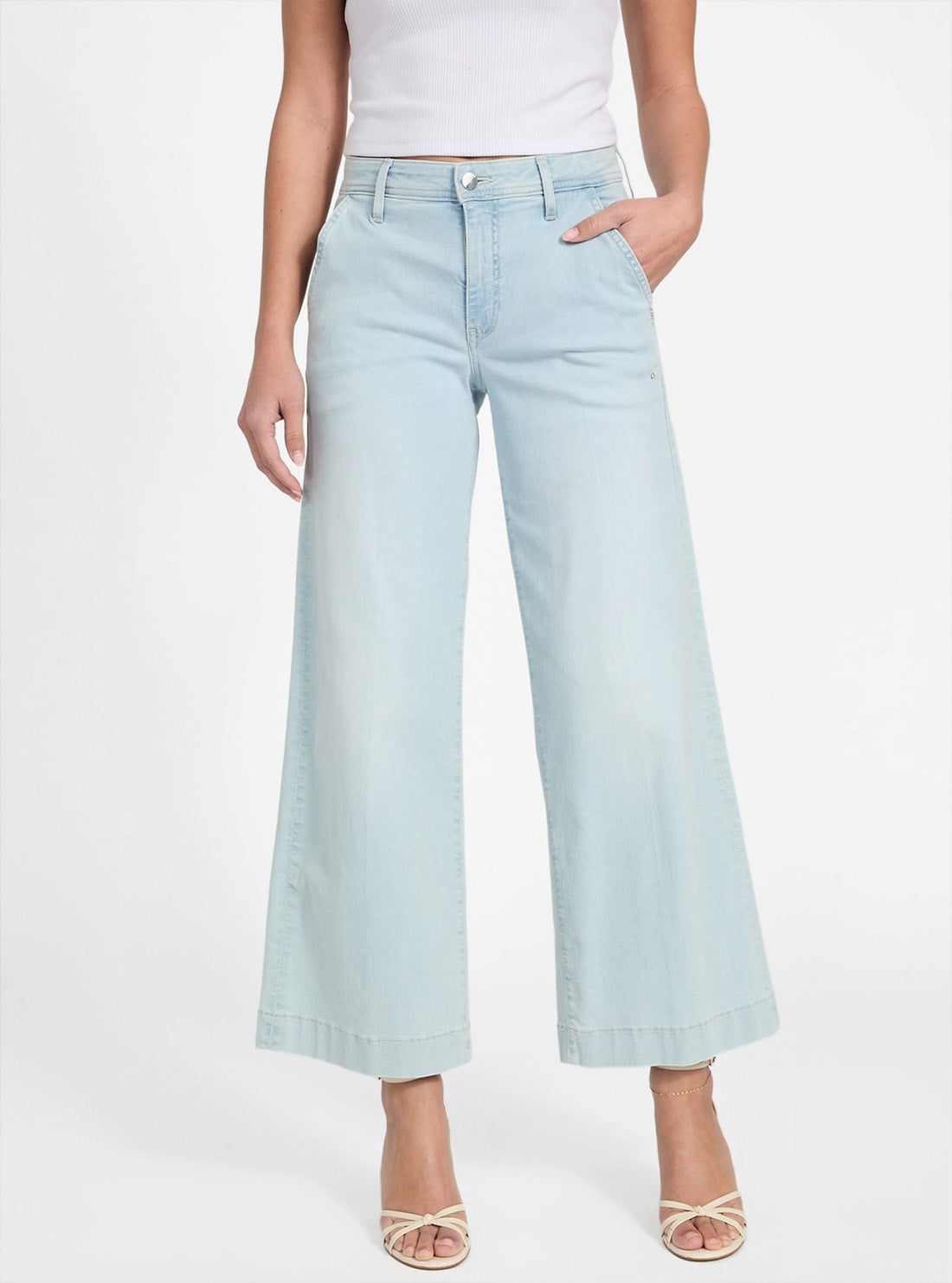 GUESS Womens Zoya Wide Leg Crop Jeans in Nuage Light Wash Full View