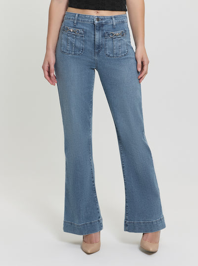 GUESS Womens High-Rise Relaxed Flare Jeans in Medium Wash W5GA1WD4LT0 Front View