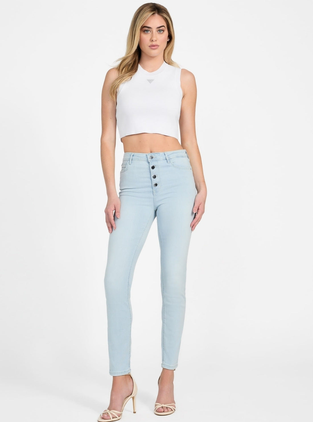 GUESS Womens High Rise Skinny 1981 Exposed Button Jeans in Nuage Light Wash W5GA28D5NB4 Full View