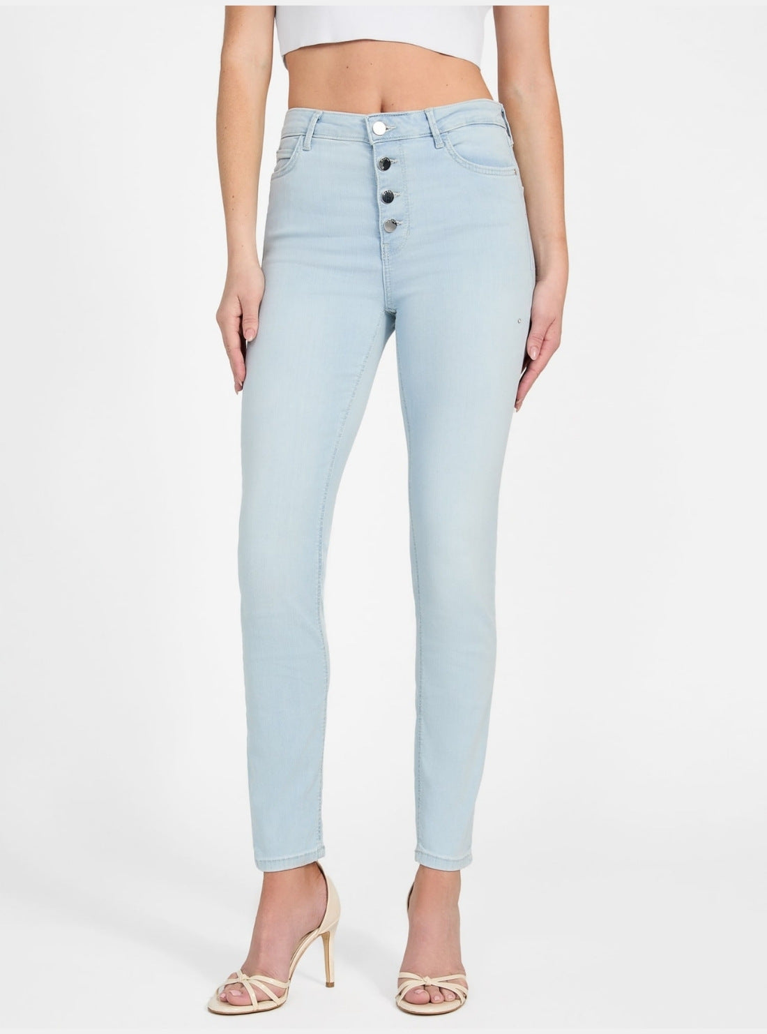 GUESS Womens High Rise Skinny 1981 Exposed Button Jeans in Nuage Light Wash W5GA28D5NB4 Front View