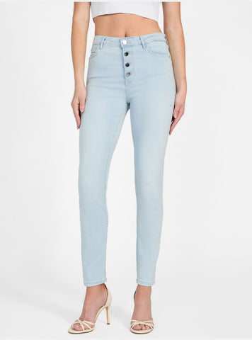 GUESS Womens High Rise Skinny 1981 Exposed Button Jeans in Nuage Light Wash W5GA28D5NB4 Front View