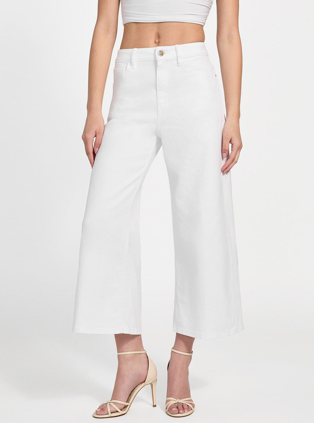 GUESS Marciano White Bellfower Crop Wide Leg Bottoms W5GA2ED4T50 Front Side View