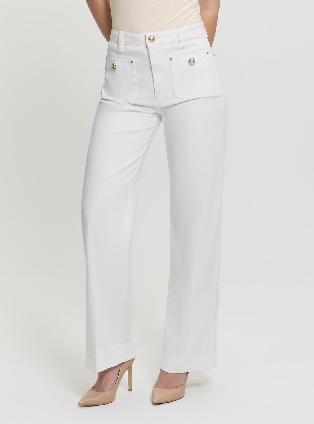 GUESS Womens White High-Rise Relaxed Fit Wide Leg Jeans W5GA2JD5N71 Front View