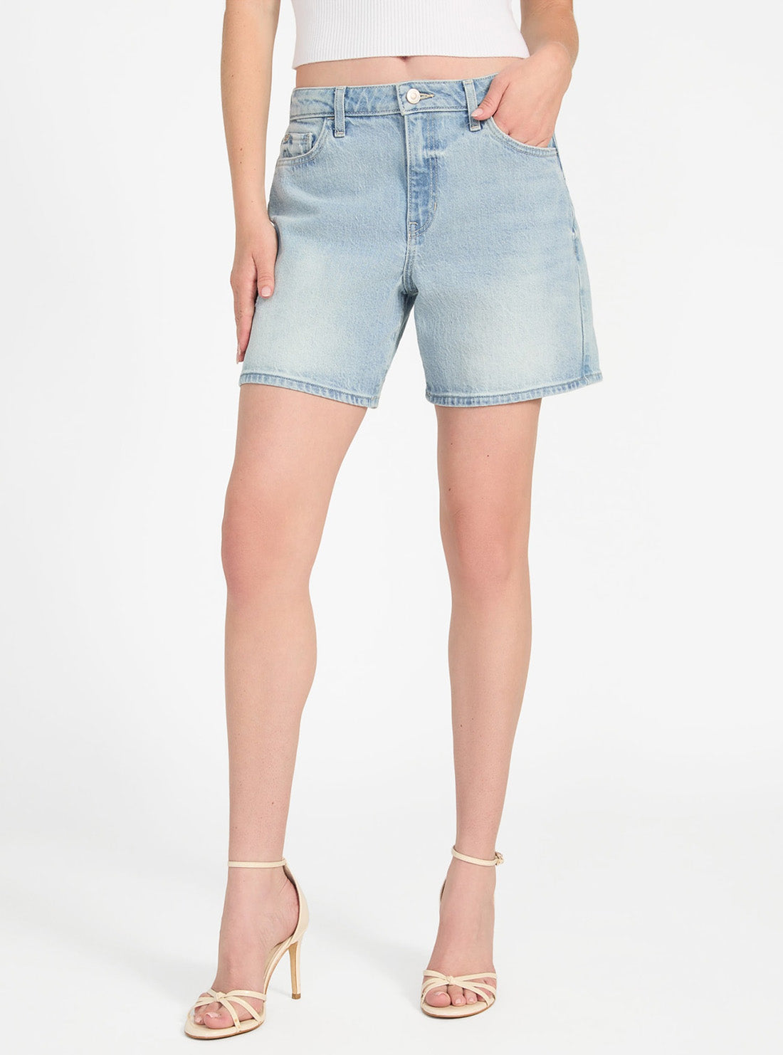 GUESS Womens High-Rise Super Relaxed Short in Light Wash W5GD1AD4K30 Front View