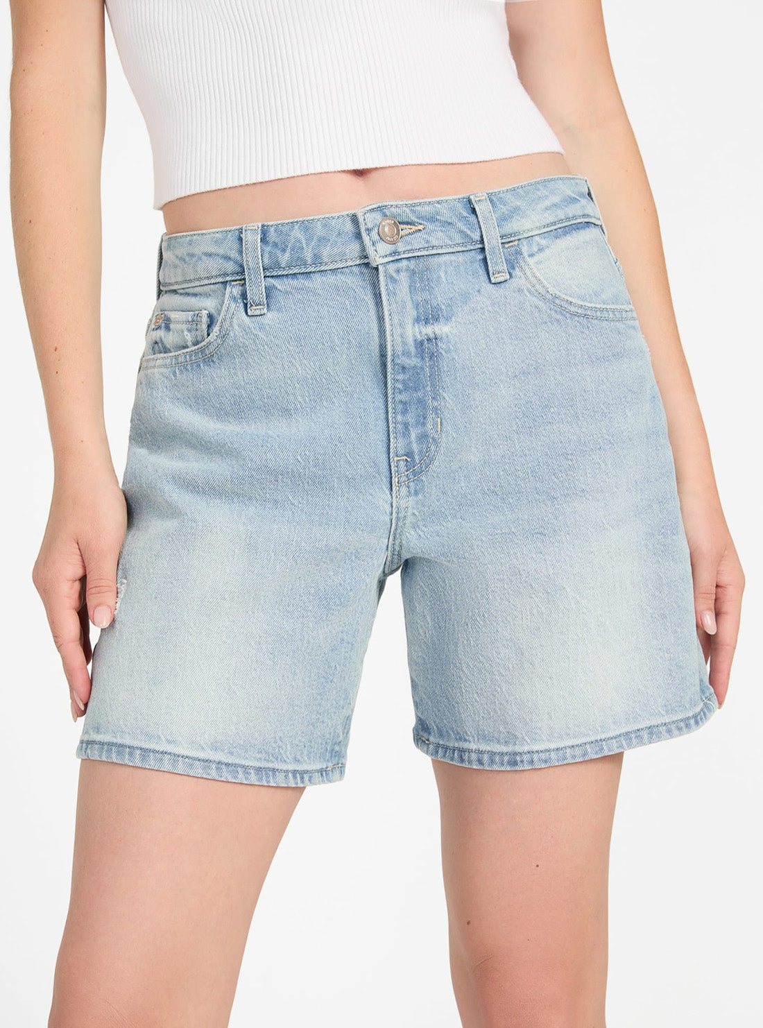 GUESS Womens High-Rise Super Relaxed Short in Light Wash W5GD1AD4K30 Front View