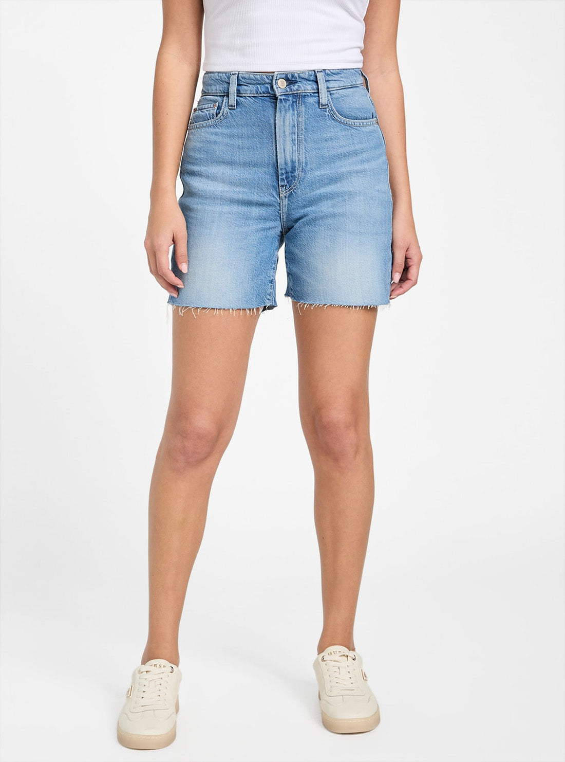 GUESS Womens High-Rise 80s Pedal Short in Light Wash W5GD47D5B94 Front View_2