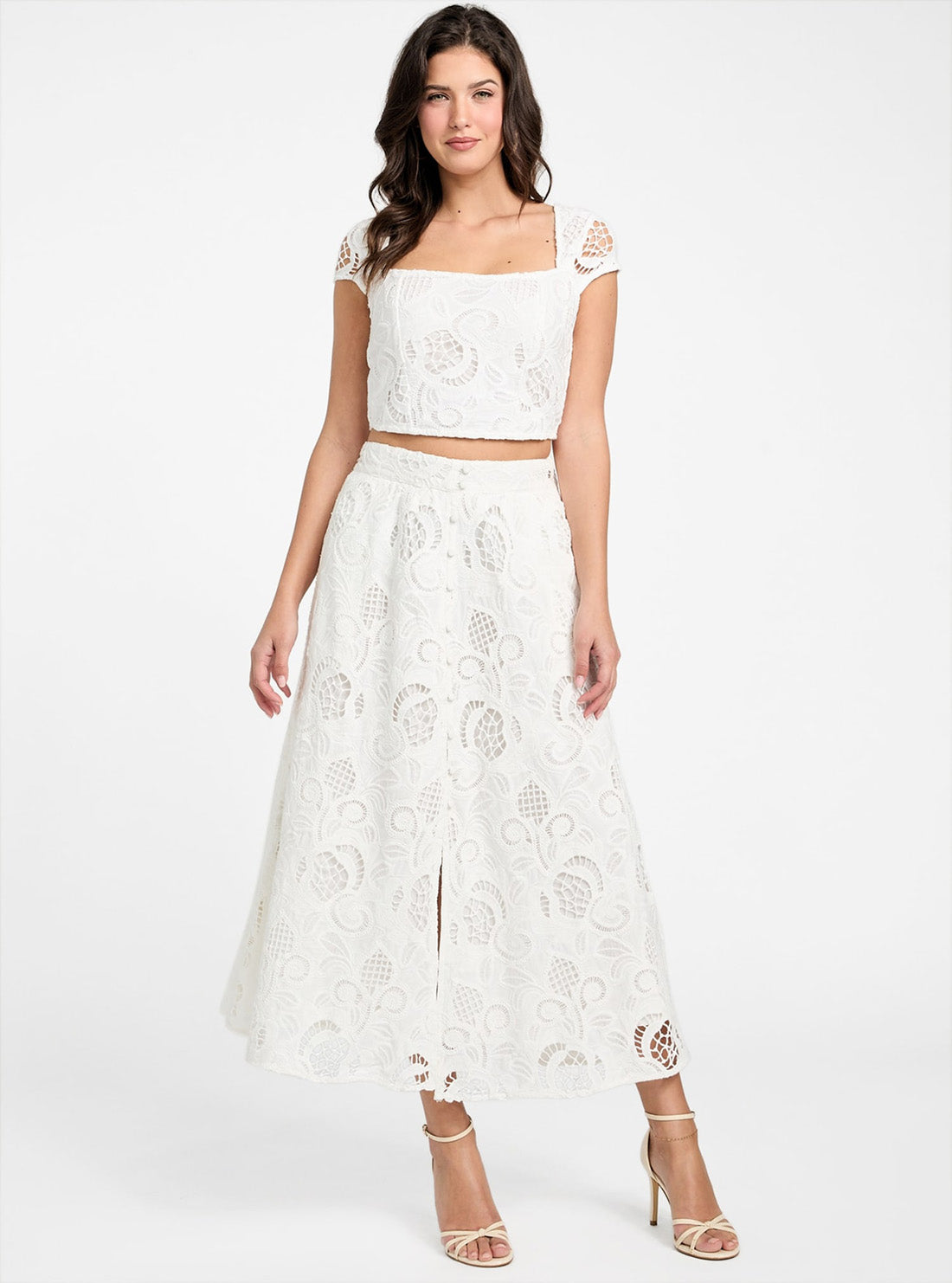 GUESS Womens White Domitille Long Embroidered Skirt W5GD63WH521 Full View