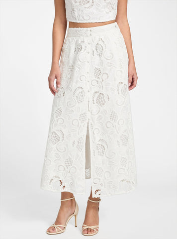 GUESS Womens White Domitille Long Embroidered Skirt W5GD63WH521 Front View