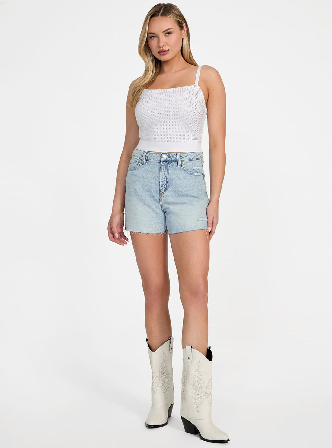 GUESS Womens High-Rise Relaxed Midi Short in Light Wash W5GD74D5B96 Full View