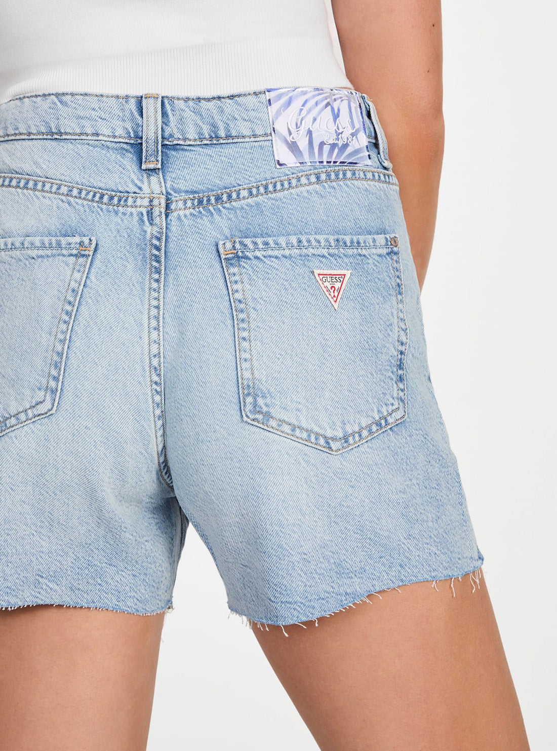 GUESS Womens High-Rise Relaxed Midi Short in Light Wash W5GD74D5B96 Detail View