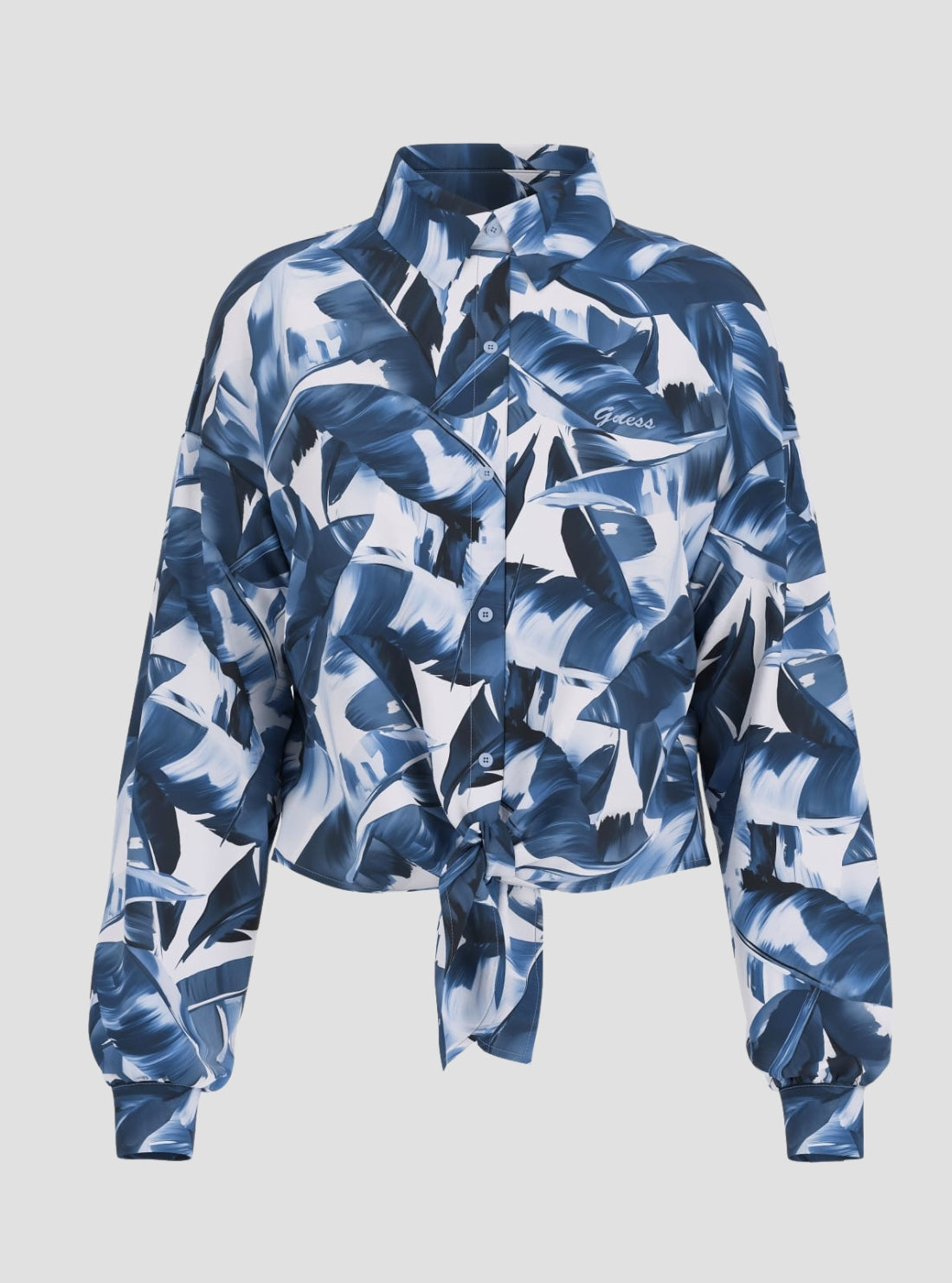GUESS Womens Eco Blue Feathered Foliage Print Bowed Shirt W5GH0IWH9C2 Flatlay