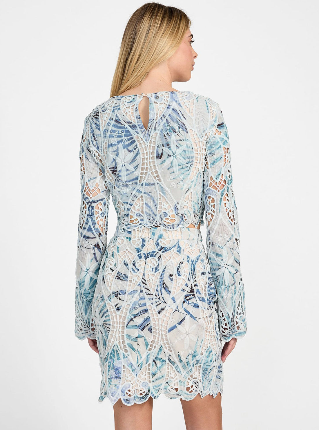 GUESS Womens Blue Long Sleeve Anastasia Lace Top W5GH0TWHAD2  Back View