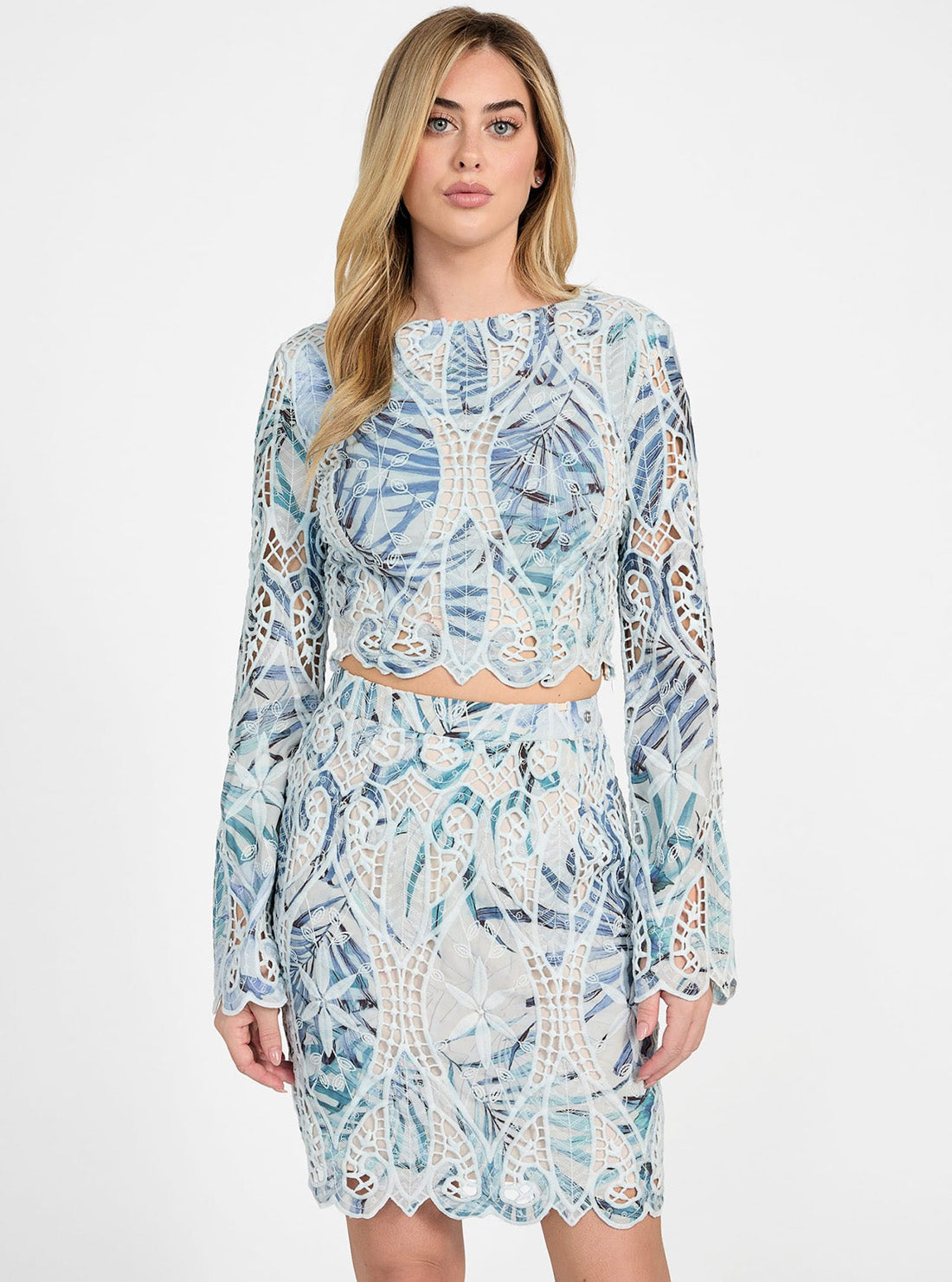 GUESS Womens Blue Long Sleeve Anastasia Lace Top W5GH0TWHAD2 Full View