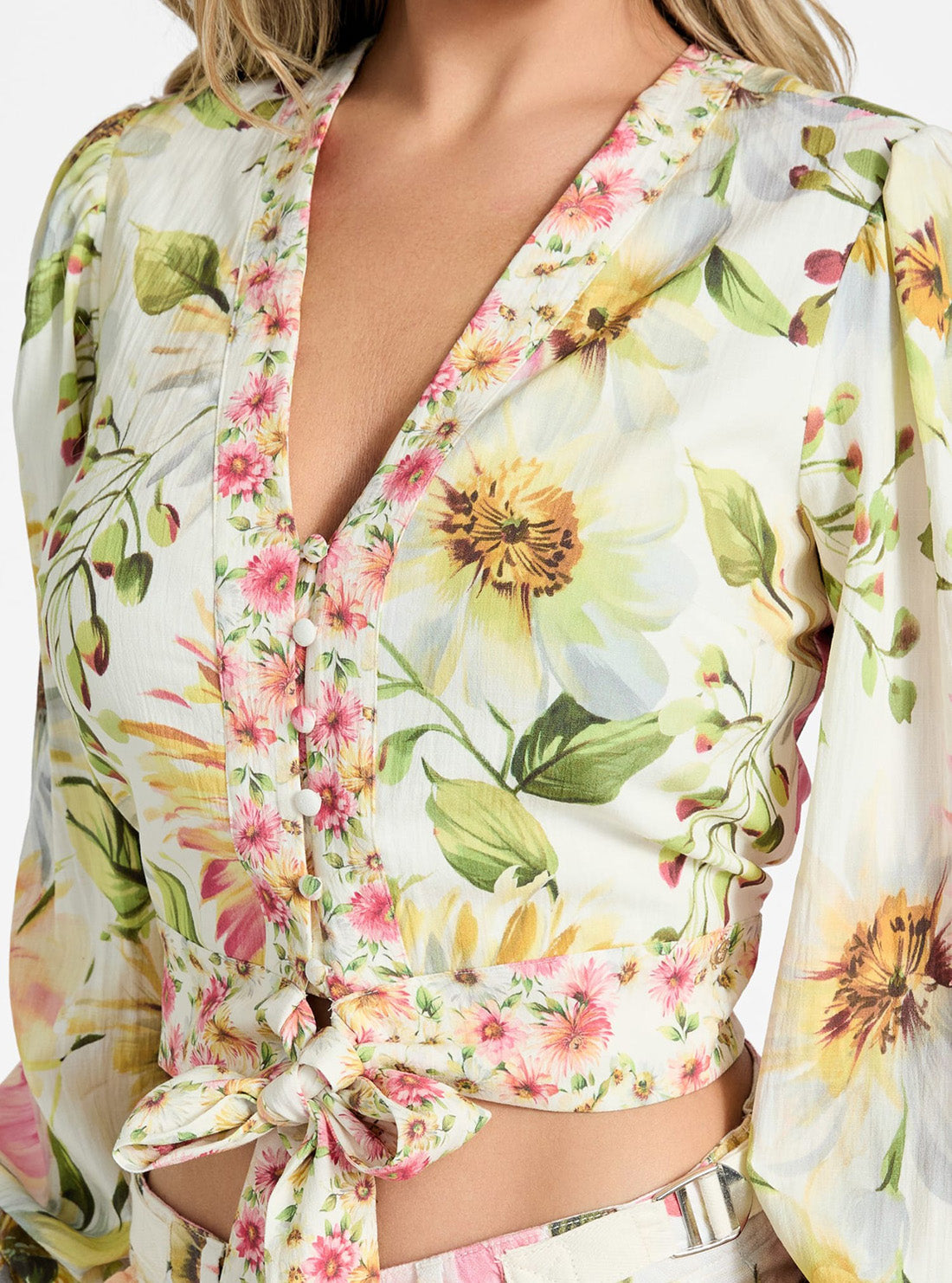 GUESS Womens Floral Multi Colette V-Neck Bow Top W5GH40WG4G0 Detail View
