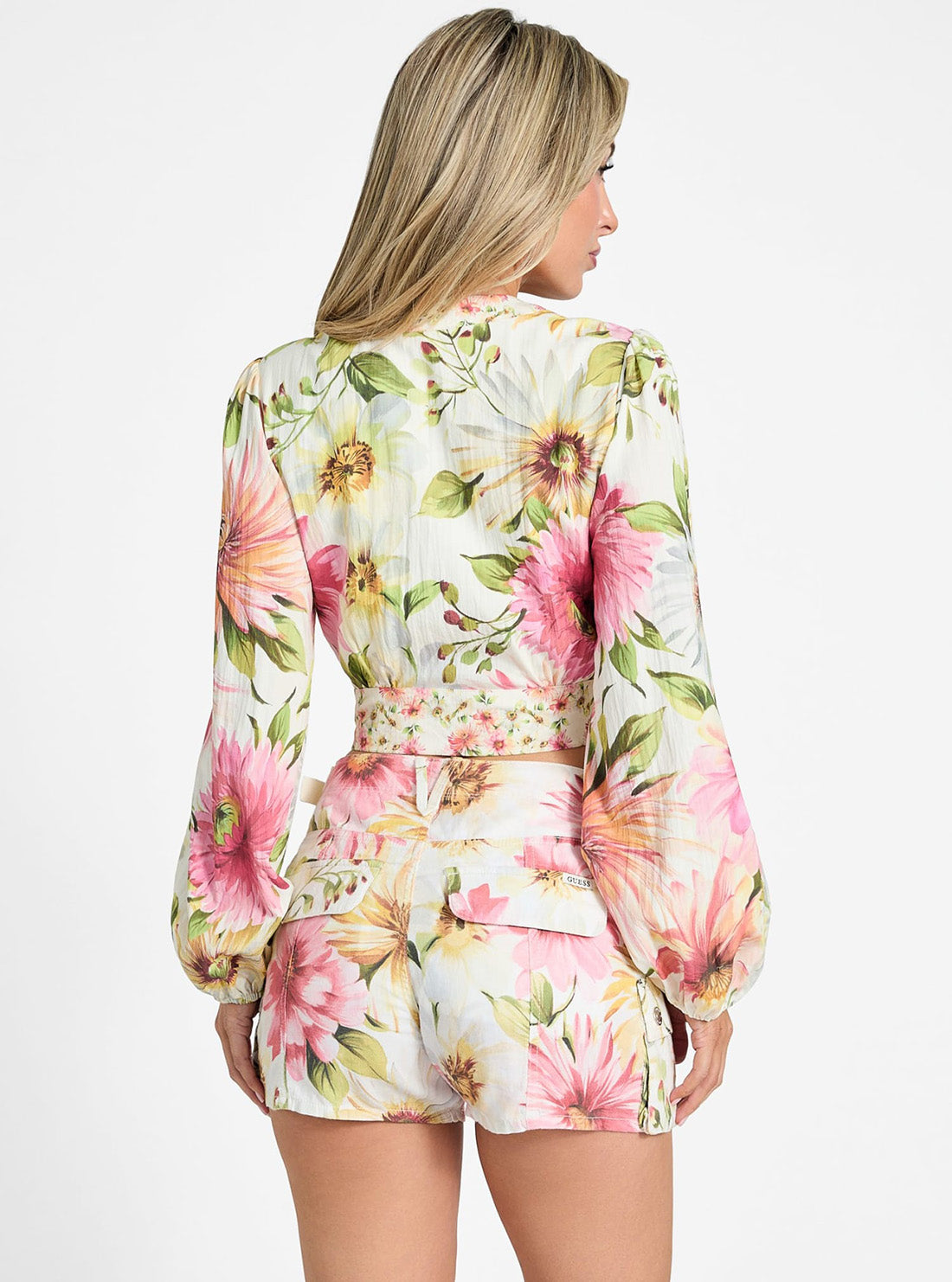 GUESS Womens Floral Multi Colette V-Neck Bow Top W5GH40WG4G0 Back View