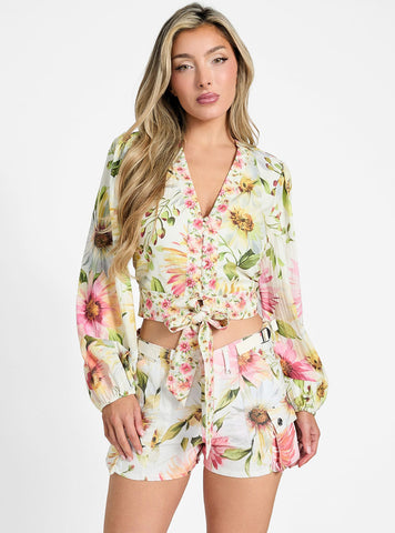 GUESS Womens Floral Multi Colette V-Neck Bow Top W5GH40WG4G0 Front View