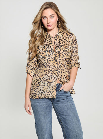 GUESS Womens Cheetah Print Enora Equipment Shirt W5GH83WH5N2 Front View