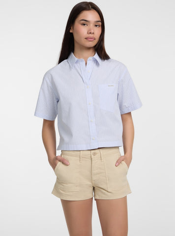 Guess Jeans Eco Blue Striped Boxy Poplin Shirt W5GH98WH7Q1 Front View