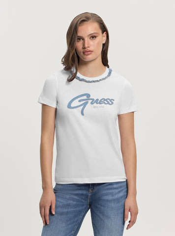 GUESS Womens White Jean Chain T-Shirt W5GI03I3Z14 Front View