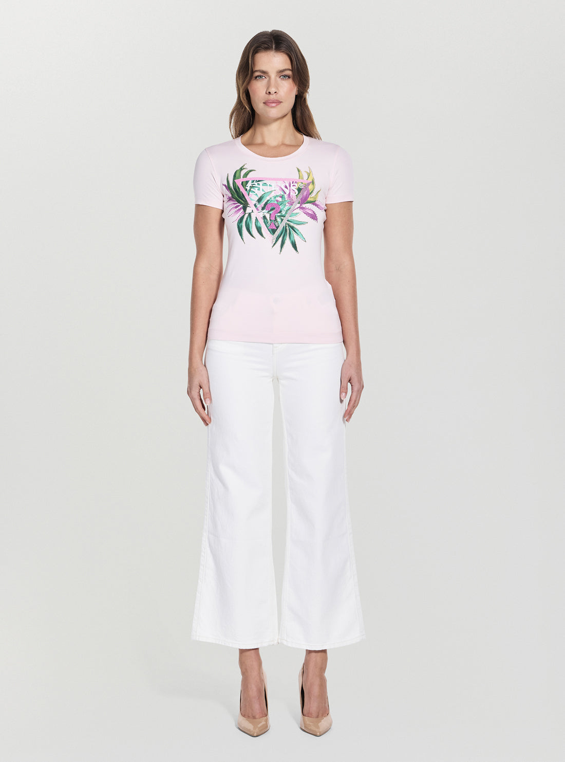GUESS Womens Pink Leaf Triangle Logo T-Shirt W5GI07J1314 Full View_2