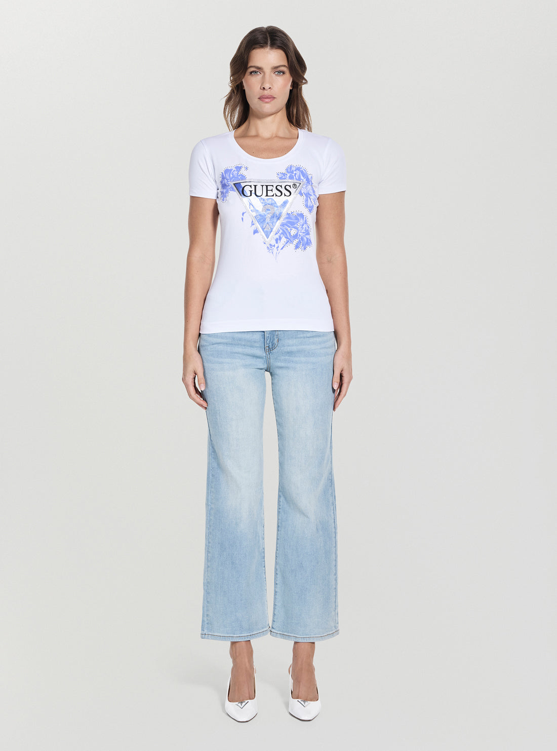 GUESS Womens White Slim-Fit Triangle Logo T-Shirt W5GI08J1314 Full View_2