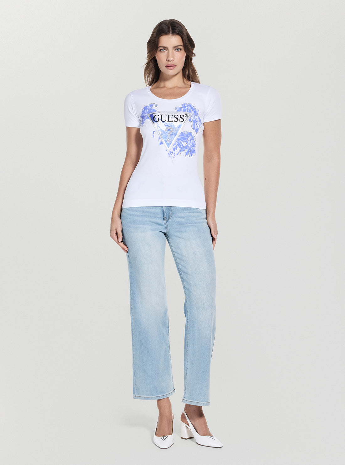 GUESS Womens White Slim-Fit Triangle Logo T-Shirt W5GI08J1314 Full View