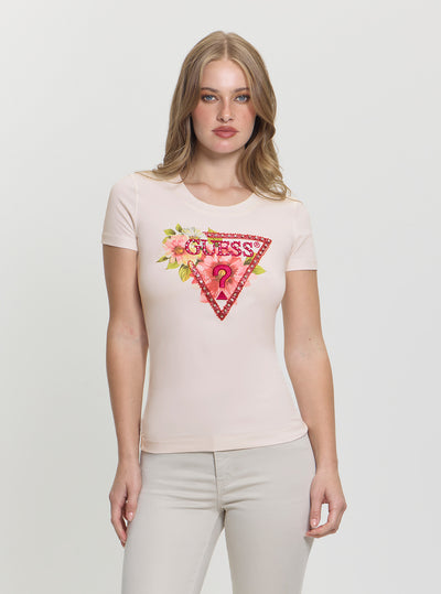 GUESS Womens White Triangle Logo Beads T-Shirt W5GI10J1314 Front View