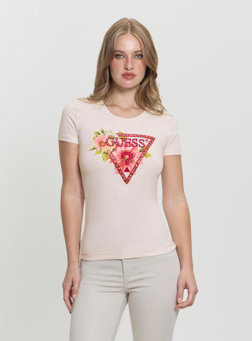 GUESS Womens White Triangle Logo Beads T-Shirt W5GI10J1314 Front View