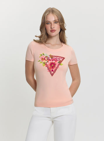GUESS Womens Pink Triangle Logo Beads T-Shirt W5GI10J1314 Front view