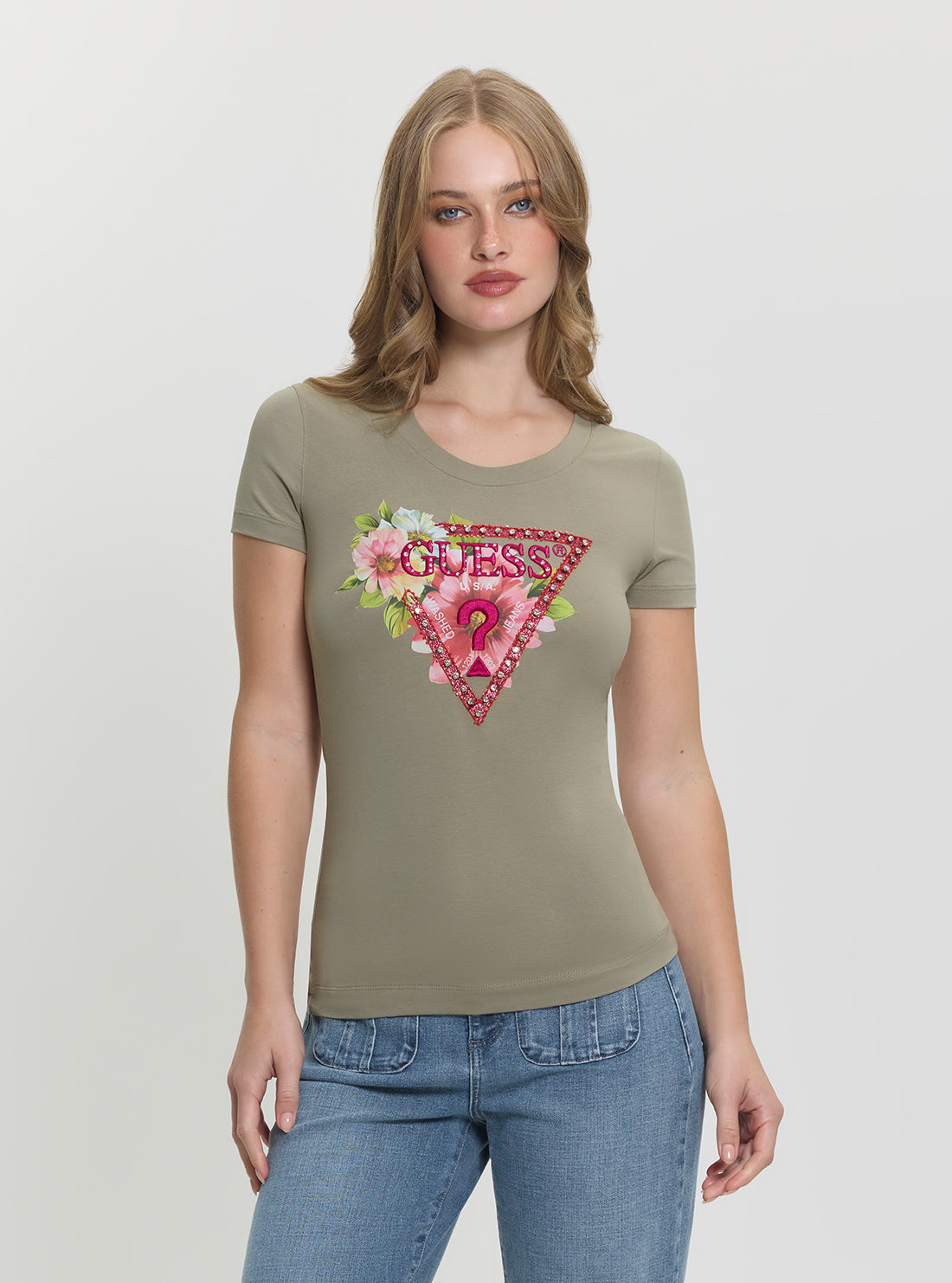 GUESS Womens Green Triangle Logo Beads T-Shirt W5GI10J1314 Front View
