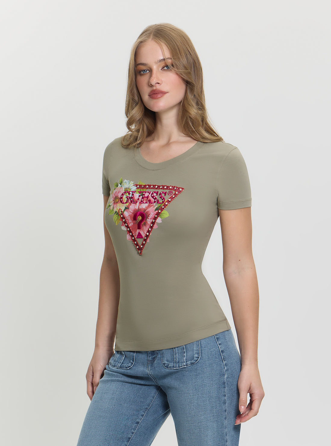 GUESS Womens Green Triangle Logo Beads T-Shirt W5GI10J1314 Side View