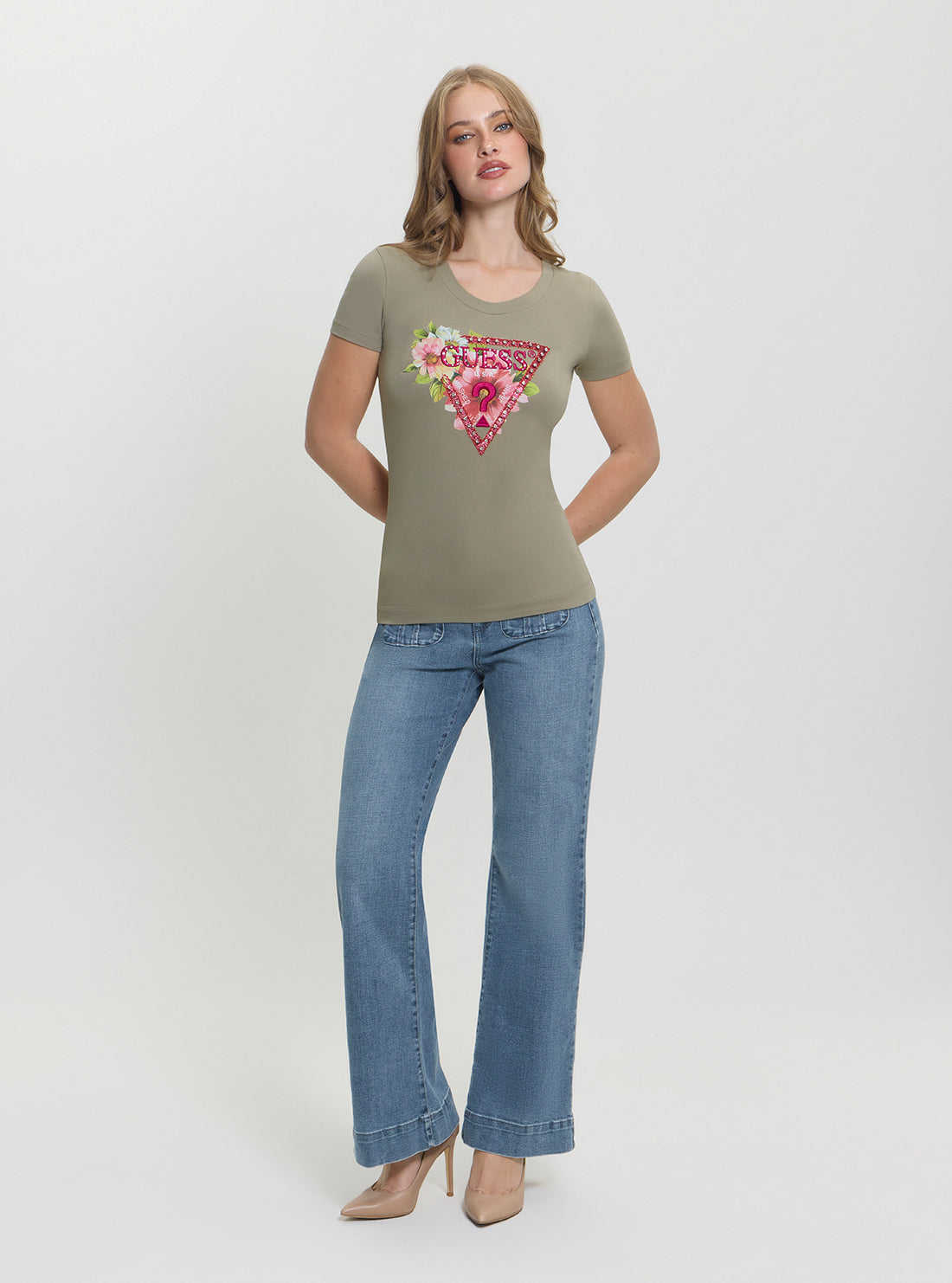 GUESS Womens Green Triangle Logo Beads T-Shirt W5GI10J1314 Full View