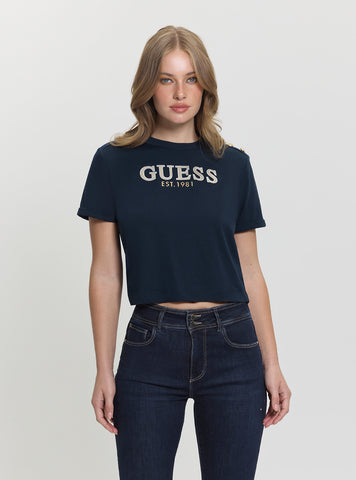 GUESS Womens Blue Metal Logo Cropped T-shirt W5GI15K8FQ4 Front View