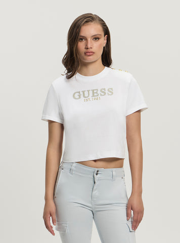 GUESS Women White Rhinestone Logo T-shirt W5GI15K8FQ4 Front View