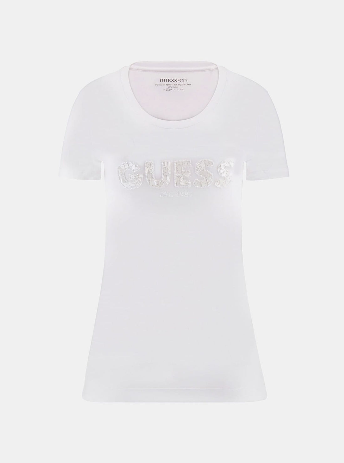 GUESS Womens White Logo Sequin T-Shirt W5GI17J1314  Flatlay