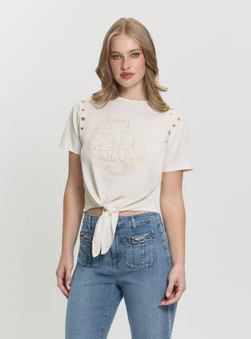 GUESS Womens White Cropped Eyelet Boxy Logo T-Shirt W5GI18I3Z14 Front View