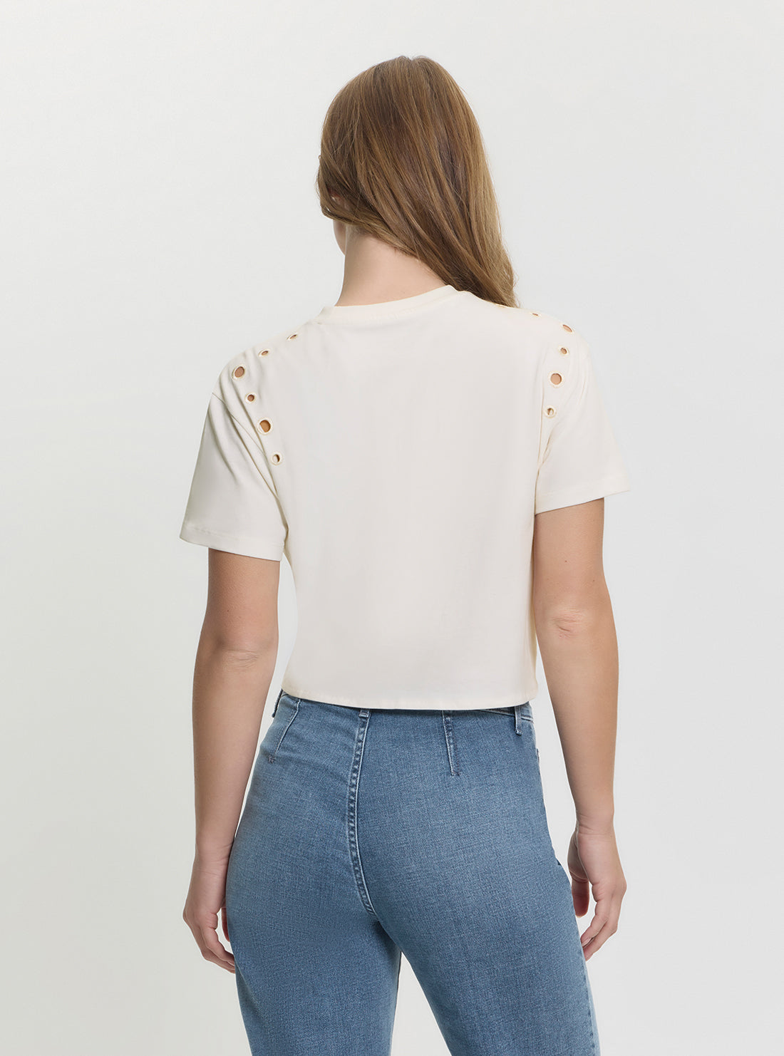 GUESS Womens White Cropped Eyelet Boxy Logo T-Shirt W5GI18I3Z14 Back View