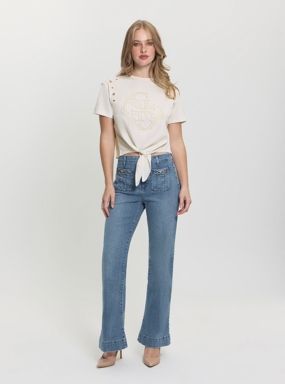 GUESS Womens White Cropped Eyelet Boxy Logo T-Shirt W5GI18I3Z14 Full View