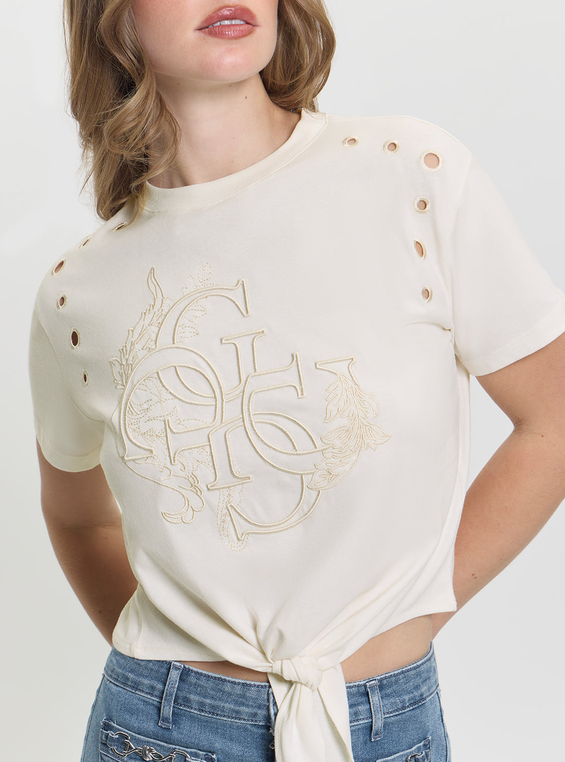 GUESS Womens White Cropped Eyelet Boxy Logo T-Shirt W5GI18I3Z14 Detail View