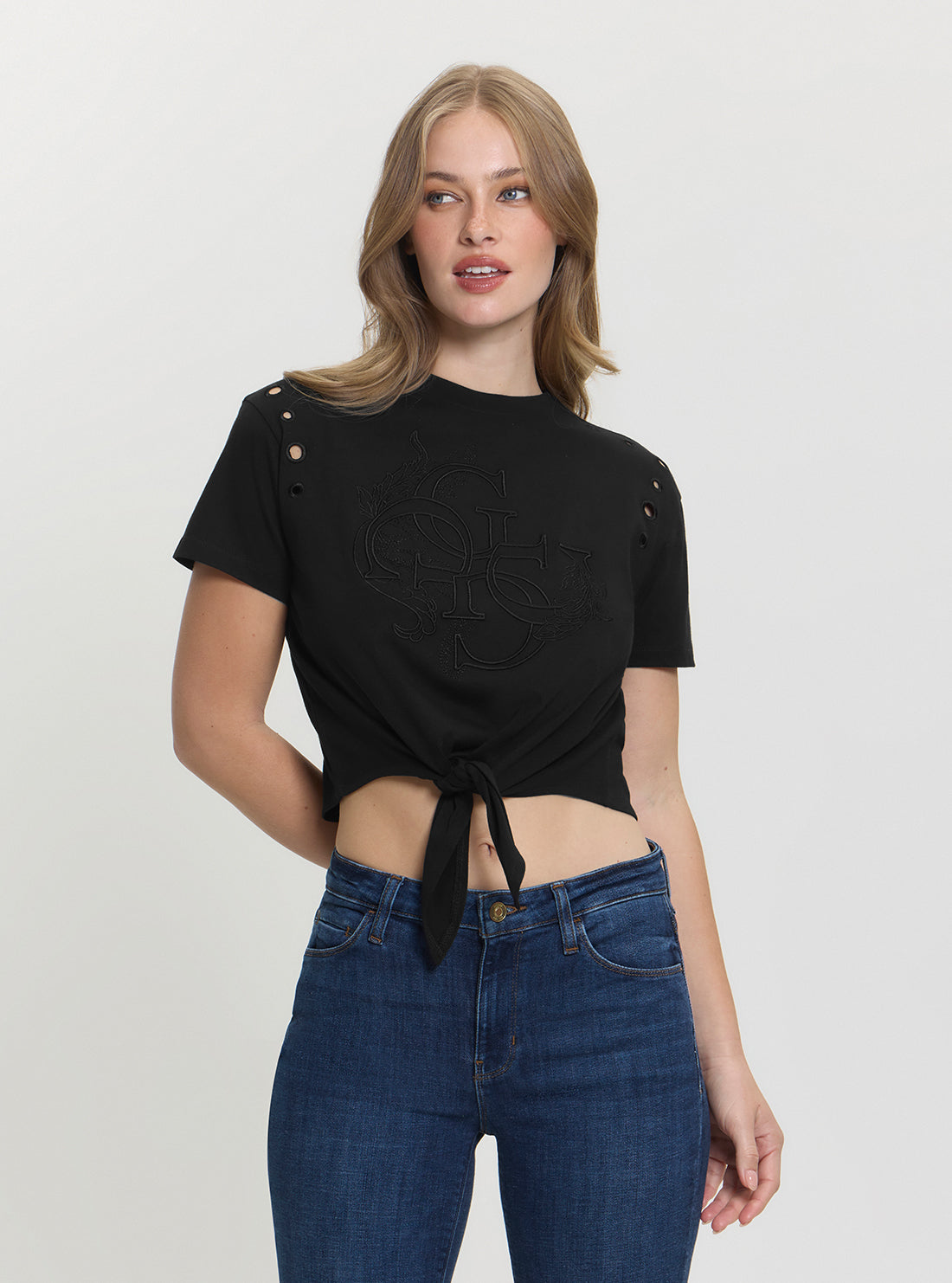 Black Cropped Eyelet Boxy Logo T-Shirt