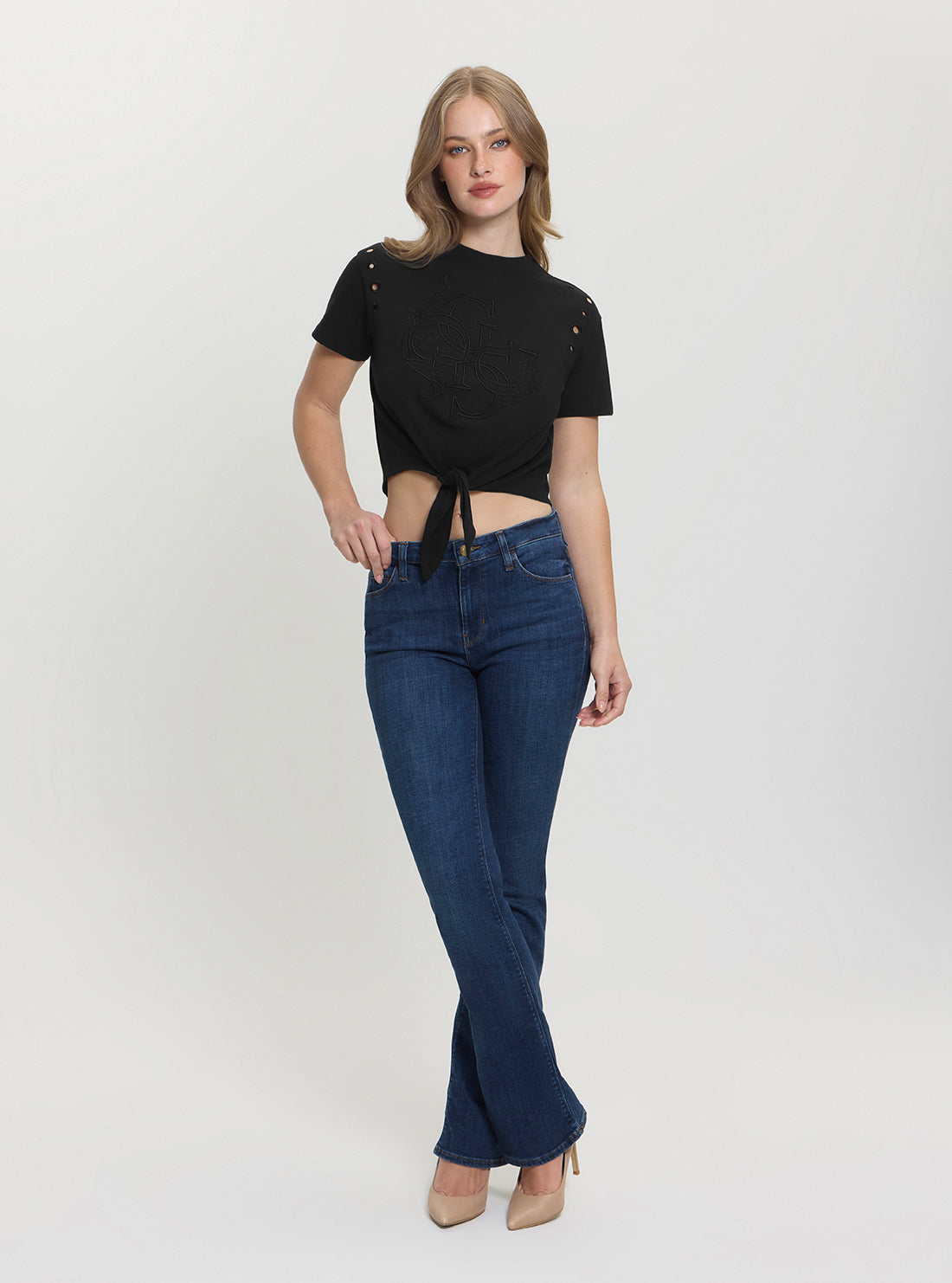 Black Cropped Eyelet Boxy Logo T-Shirt