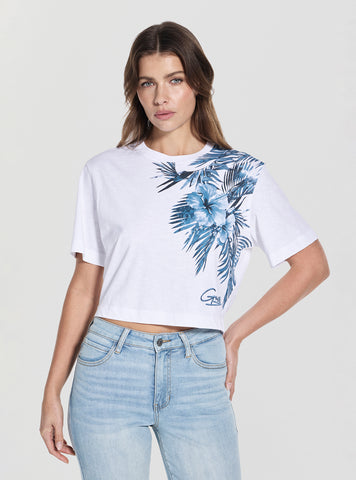 GUESS Womens Blue Palm Print Boxy Cropped T-Shirt W5GI19K6XN4 Front View