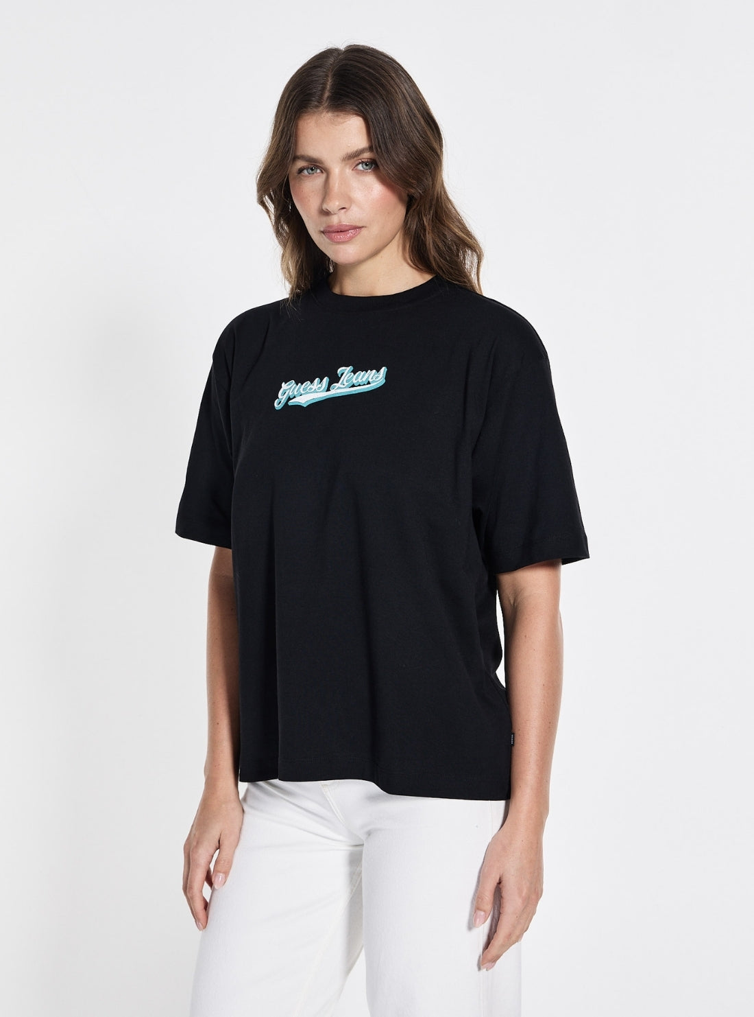 Guess Jeans Black Oversized Curved Logo T-Shirt W5GI29K8HM0 Front View