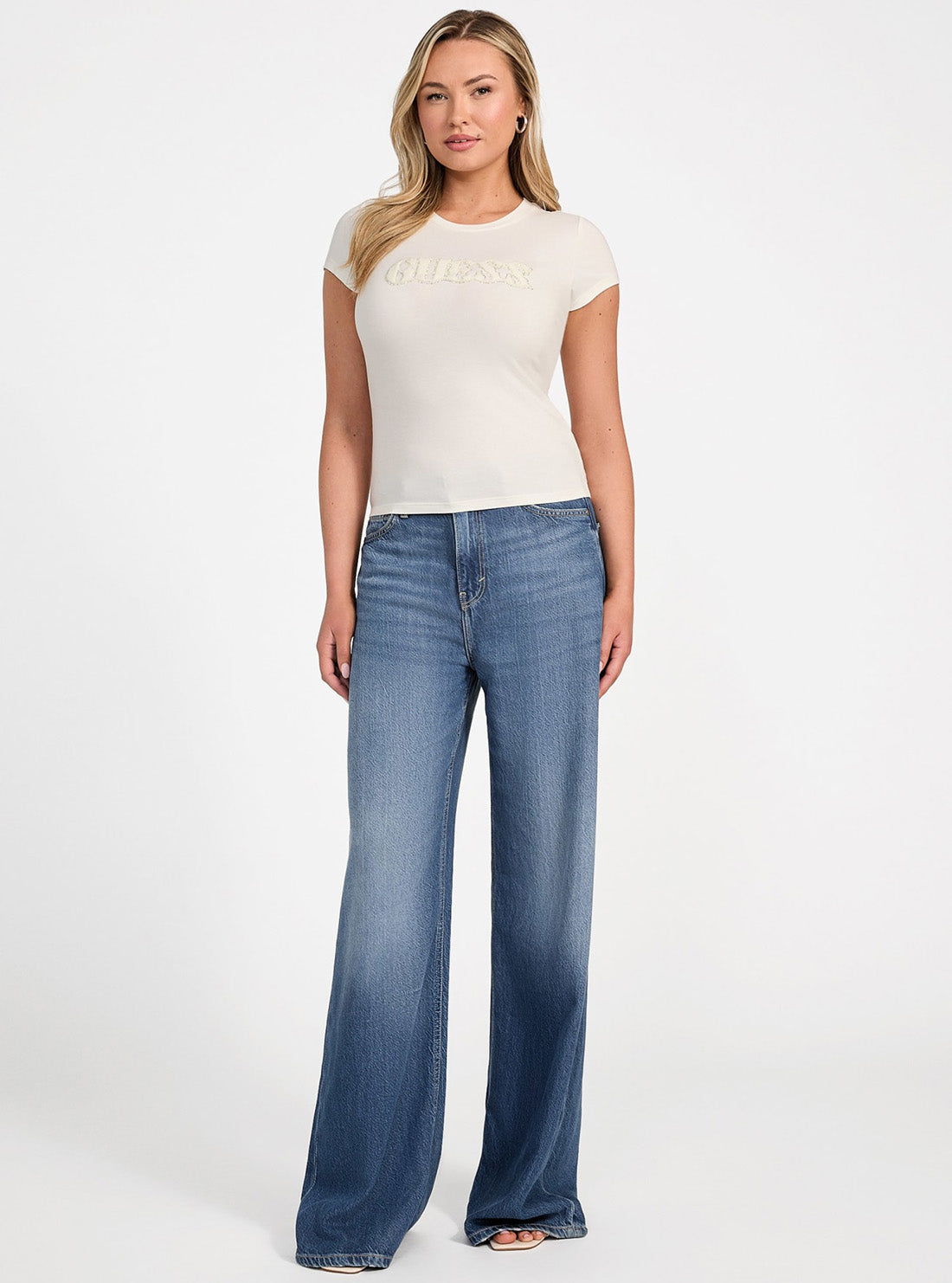 GUESS Womens White Pony Hair Logo T-Shirt W5GI42J1314 Full View